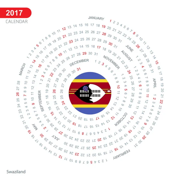 Calendario 2017 con Bandera de Suazilandia — Vector de stock