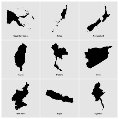 farklı ülkeden siyah haritaların seti