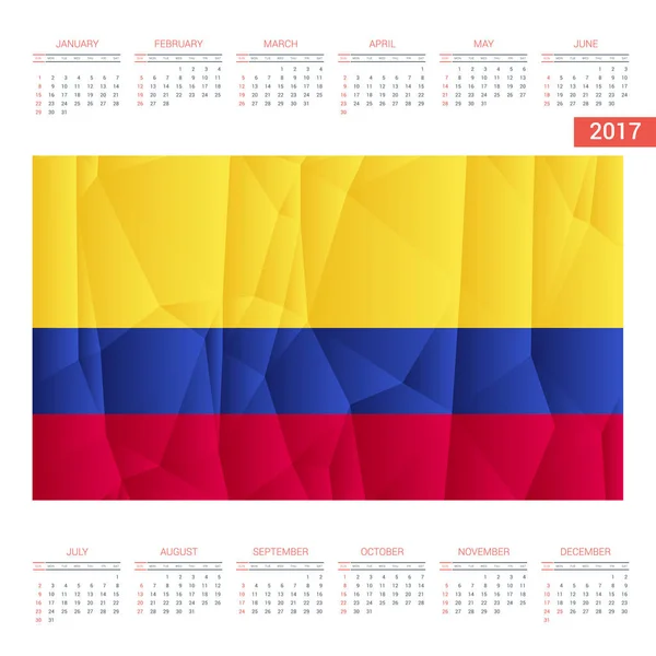 Calendrier 2017 avec drapeau colombien — Image vectorielle