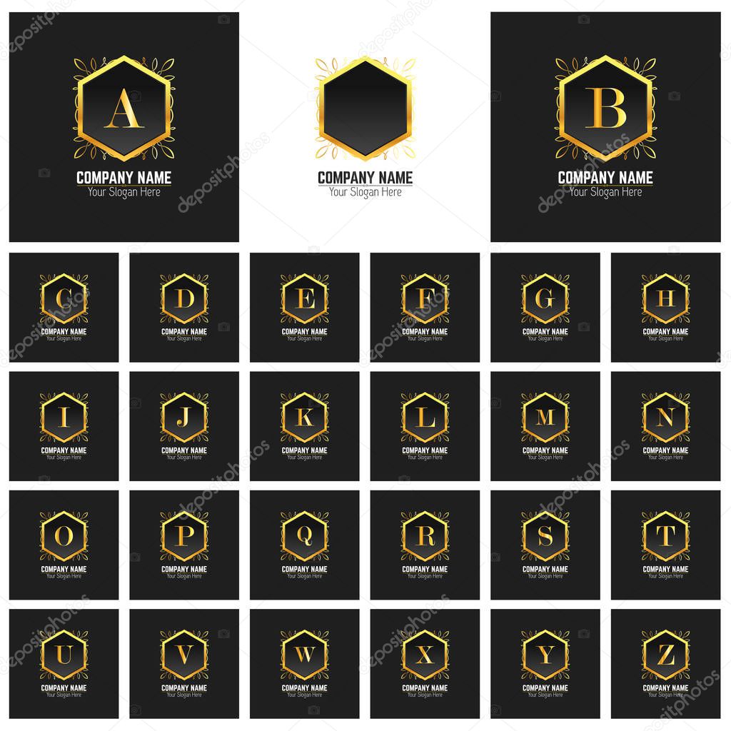 Set of Letter logos, golden Bold sphare logo on black background
