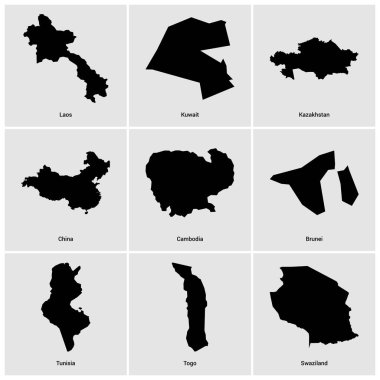 farklı ülkeden siyah haritaların seti