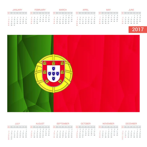 Calendário 2017 com bandeira de Portugal — Vetor de Stock