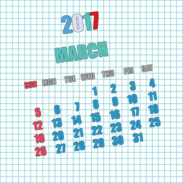 2017 kalender voor de maand maart — Stockvector
