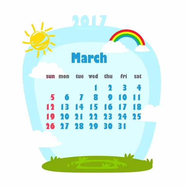 2017 calendario para el mes de marzo — Archivo Imágenes Vectoriales