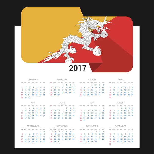 Calendário de 2017 com bandeira do Butão — Vetor de Stock