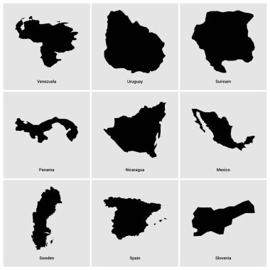 farklı ülkeden siyah haritaların seti