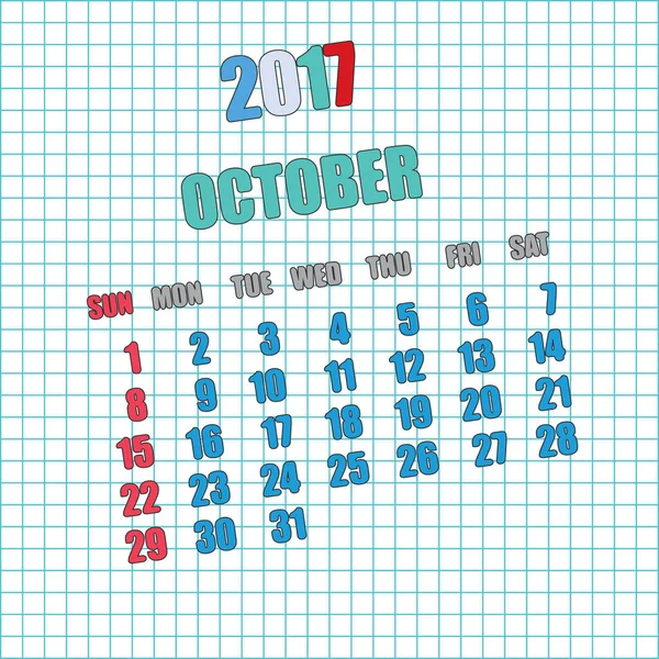 Calendrier 2017 pour le mois d'octobre — Image vectorielle
