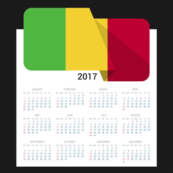 Calendrier 2017 avec drapeau du Mali — Image vectorielle