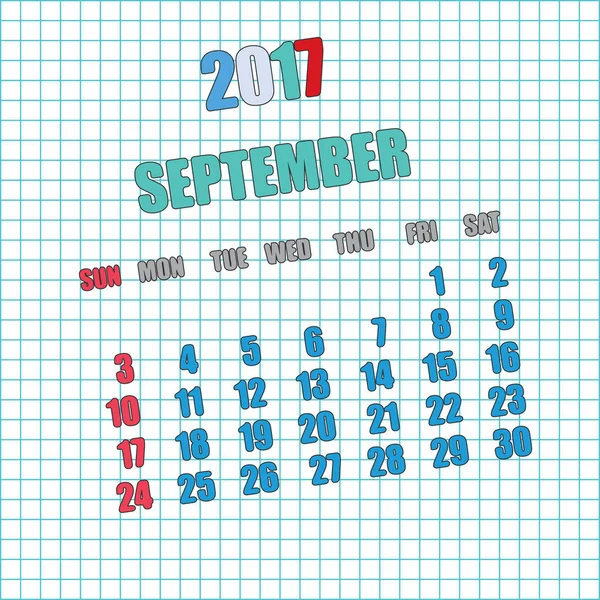 2017 календарь на месяц Сентябрь — стоковый вектор