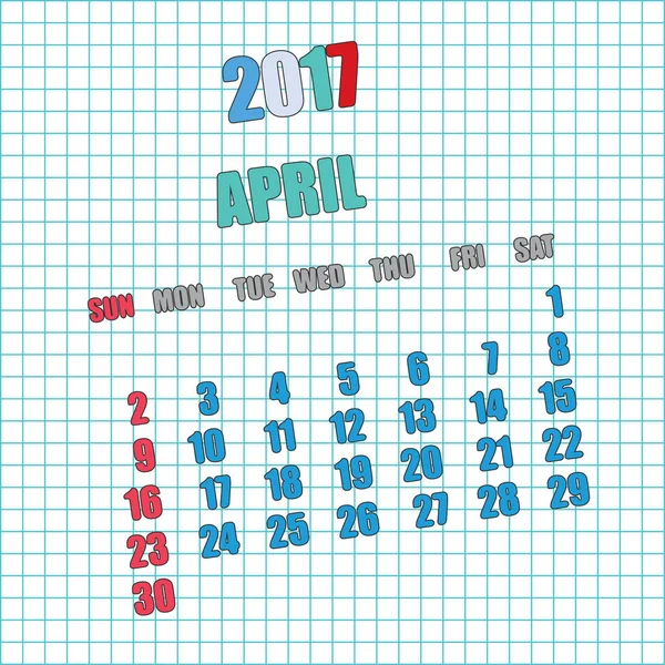Calendrier 2017 pour le mois avril — Image vectorielle