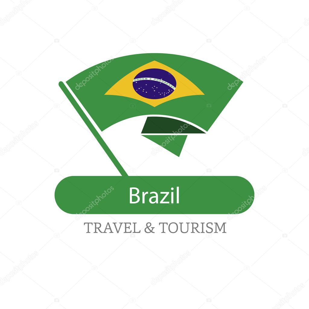 Brazil national flag logo illustration with travel and tour text over white background