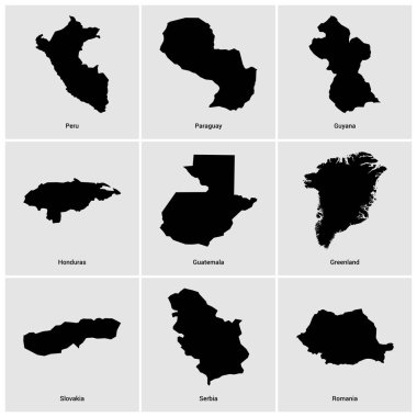 farklı ülkeden siyah haritaların seti