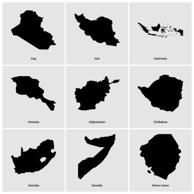 farklı ülkeden siyah haritaların seti