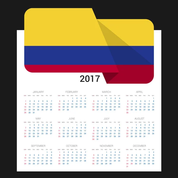 Calendário 2017 com bandeira da Colômbia — Vetor de Stock