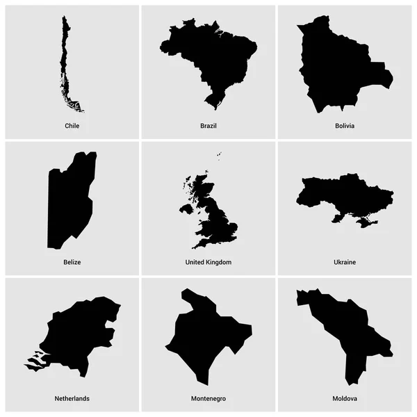 Conjunto de diferentes países mapas negros — Vector de stock