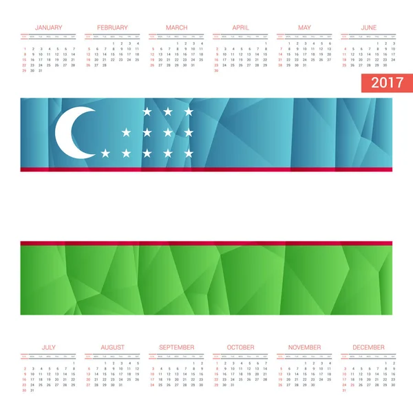 Calendrier 2017 avec drapeau de l'Ouzbékistan — Image vectorielle