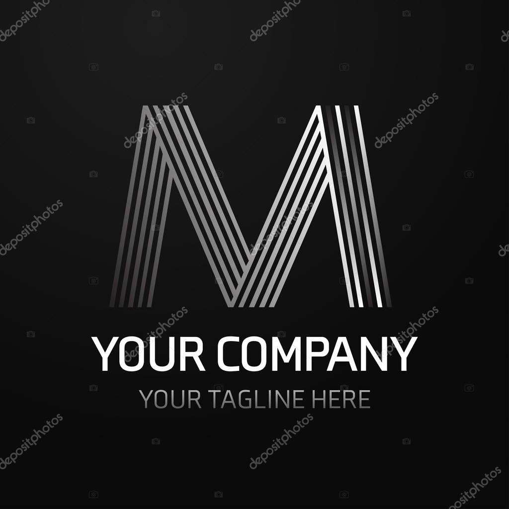 Gray business logotype icon with letter M on black background, vector illustration