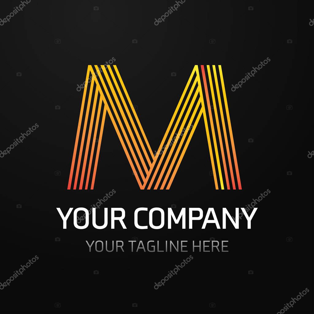 Your company logo with yellow letter M over black background, vector illustration