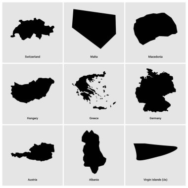 farklı ülkeden siyah haritaların seti