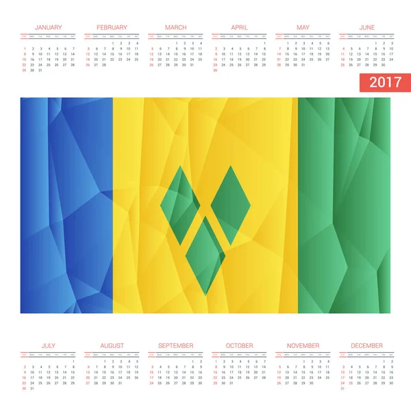 Календарь 2017 года с флагом Сент-Винсента и Гренадин — стоковый вектор