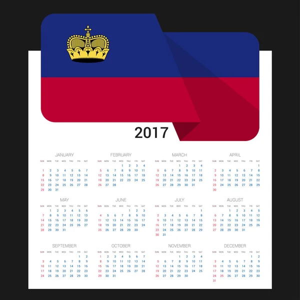 Calendrier 2017 avec drapeau du Liechtenstein — Image vectorielle