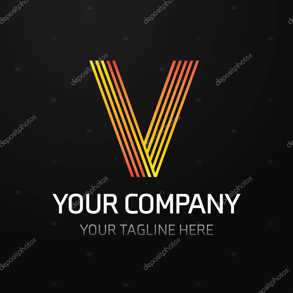 Your company logo with yellow letter V over black background, vector illustration