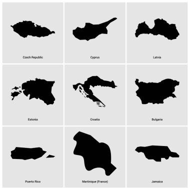 farklı ülkeden siyah haritaların seti