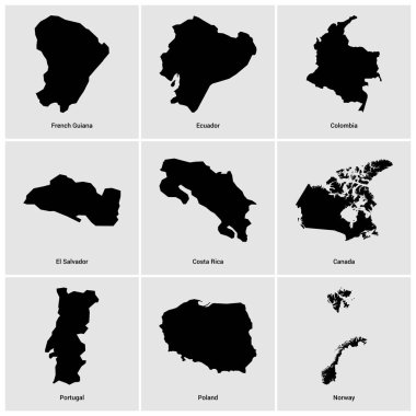 farklı ülkeden siyah haritaların seti