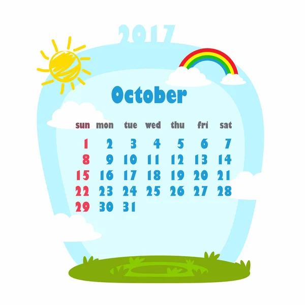 2017 Kalender für den Monat Oktober — Stockvektor