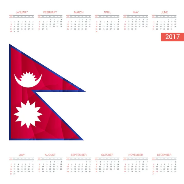 Calendario 2017 con bandera de Nepal — Archivo Imágenes Vectoriales