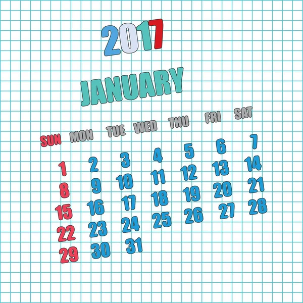 2017 calendar for month January — Stock Vector