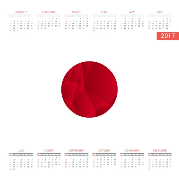 Calendario 2017 con bandera de Japón — Vector de stock