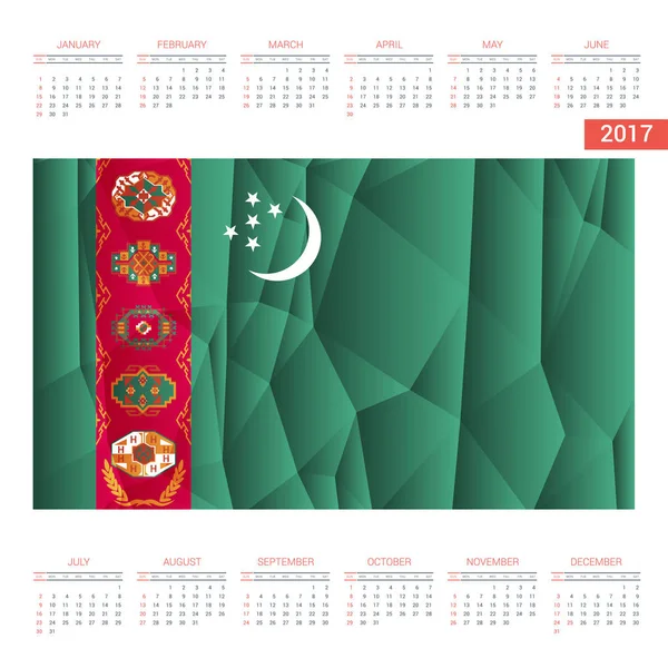 Calendrier 2017 avec drapeau turkmène — Image vectorielle