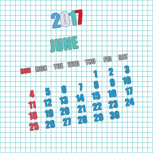 2017 calendario para el mes de junio — Archivo Imágenes Vectoriales