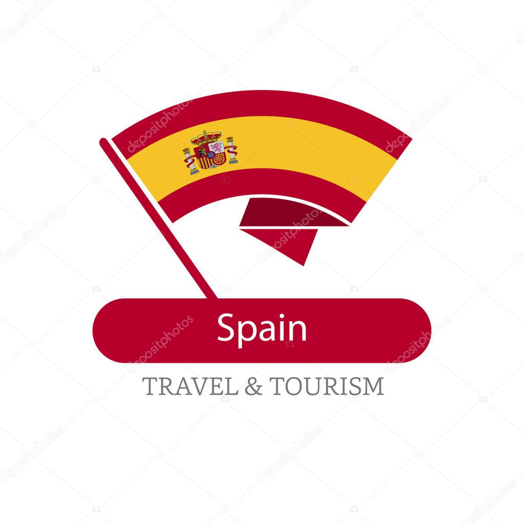 Spain national flag logo illustration with travel and tour text over white background
