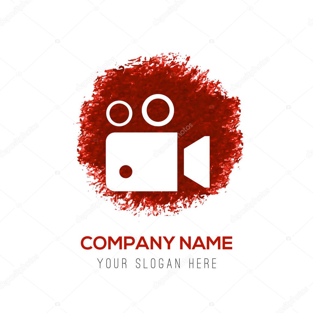 Business logo with video camera icon on red background, vector illustration