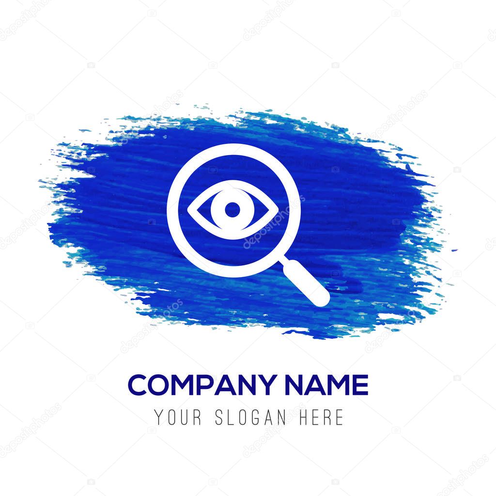 Business logo with loup icon in blue button, vector illustration