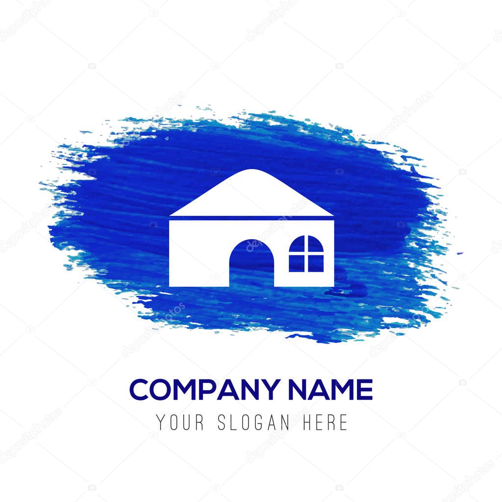 Business logo with house icon on blue background, vector illustration