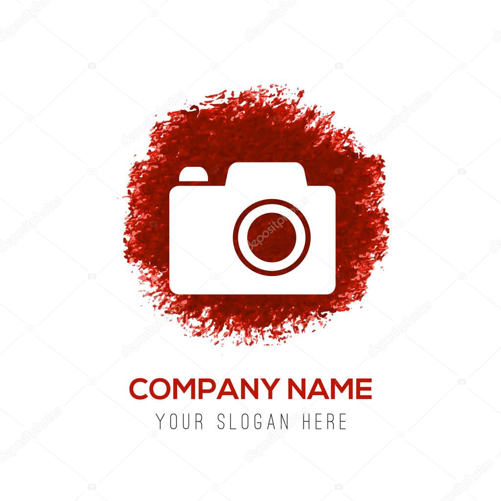 Business logo with photo camera icon on red background, vector illustration