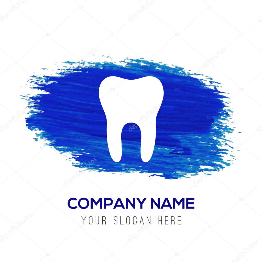 Business logo with tooth icon in blue button, vector illustration