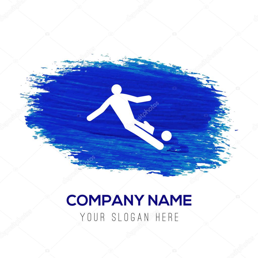 Business logo with soccer player icon on blue background, vector illustration