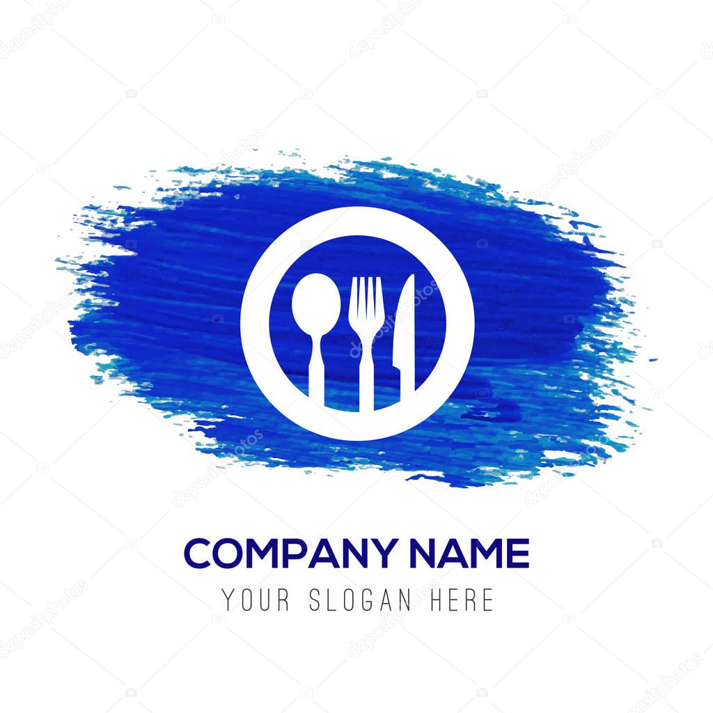 Business logo with spoon and fork, knife on plate icon on blue background, vector illustration