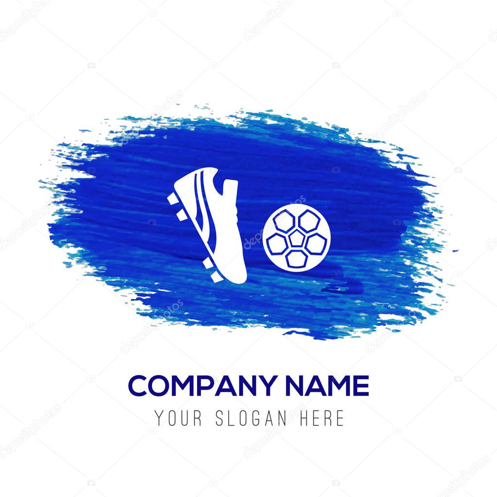 Business logo with soccer boot and ball icon on blue background, vector illustration
