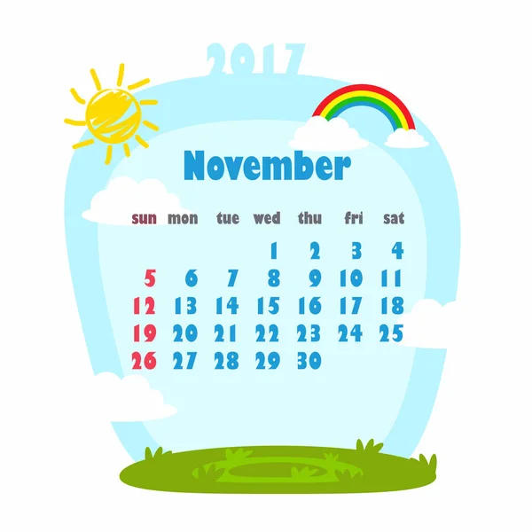 Calendário 2017 para o mês de novembro — Vetor de Stock