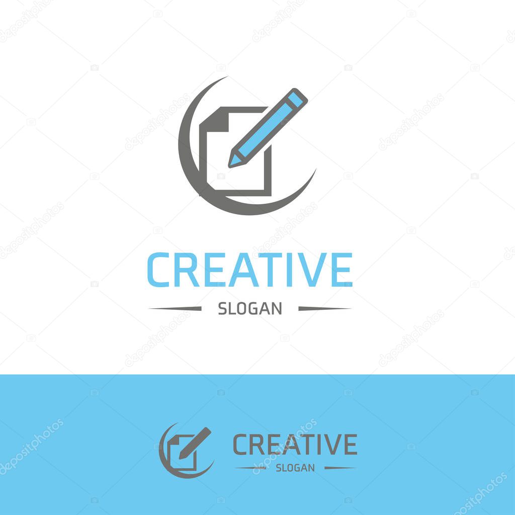 Business logo with pencil icon on white background, vector illustration, copy space for creative slogan