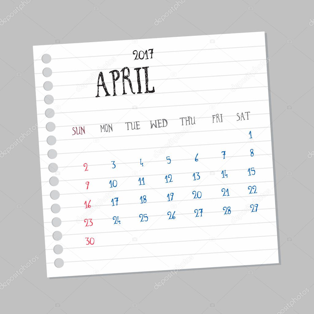 2017 calendar for month April
