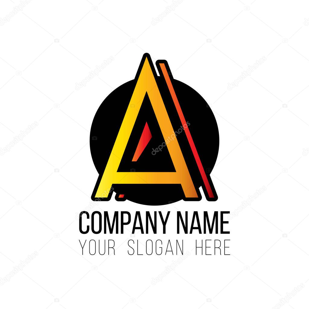 Corporate logo template with yellow letter A in black circle over white background. 