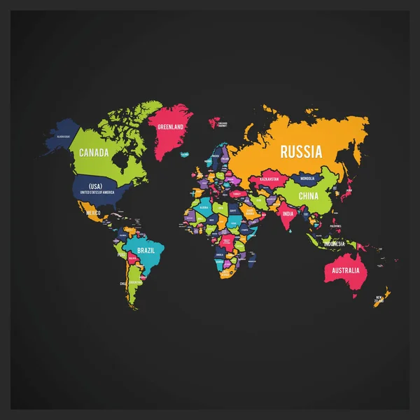 Siyah arka plan üzerinde etiketleme ile çok renkli Dünya Haritası — Stok Vektör