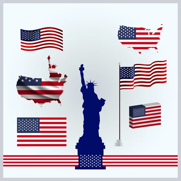 Estátua da Liberdade e conjunto de bandeiras americanas —  Vetores de Stock