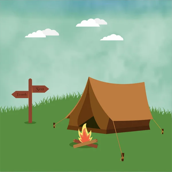 Campamento de verano con hoguera — Vector de stock